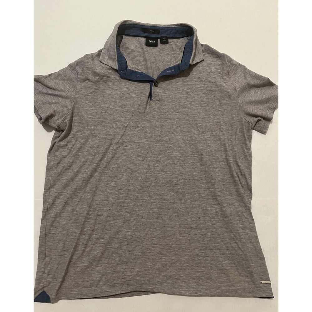 Hugo Boss Polo Shirt Men Large Slim Fit Blue & Gray Short Sleeve Metal Logo Polo
